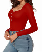 MANGOPOP Women's Henley Shirt Scoop Neck Button Down Ribbed Long Sleeve Bodysuits