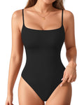 MANGOPOP Women's Cami Thong Bodysuit Double Lined Square Neck Backless Body Suit Adjustable Spaghetti Strap Tank Tops