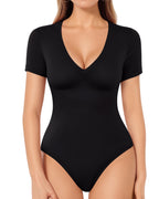 MANGOPOP Deep V Neck Bodysuits for Women Short Sleeve Body Suits Sexy Going Out Tops