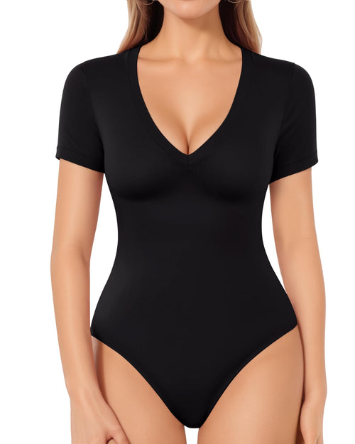 MANGOPOP Deep V Neck Bodysuits for Women Short Sleeve Body Suits Sexy Going Out Tops