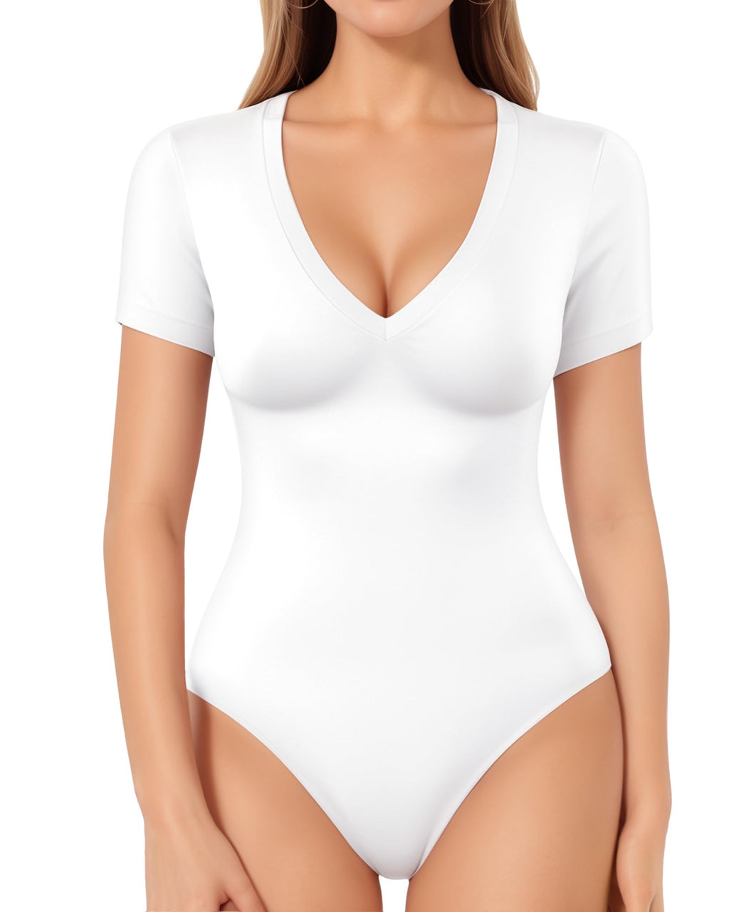 MANGOPOP Deep V Neck Bodysuits for Women Short Sleeve Body Suits Sexy Going Out Tops
