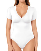 MANGOPOP Deep V Neck Bodysuits for Women Short Sleeve Body Suits Sexy Going Out Tops