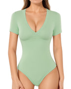 MANGOPOP Deep V Neck Bodysuits for Women Short Sleeve Body Suits Sexy Going Out Tops
