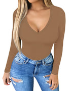 MANGOPOP Deep V Neck Long Sleeve Bodysuits for Women Sexy Going Out Tops Body Suits