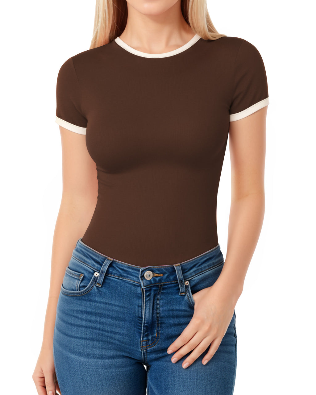 MANGOPOP Contrasting Crew Neck Short Sleeves Thong Bodysuit Brown
