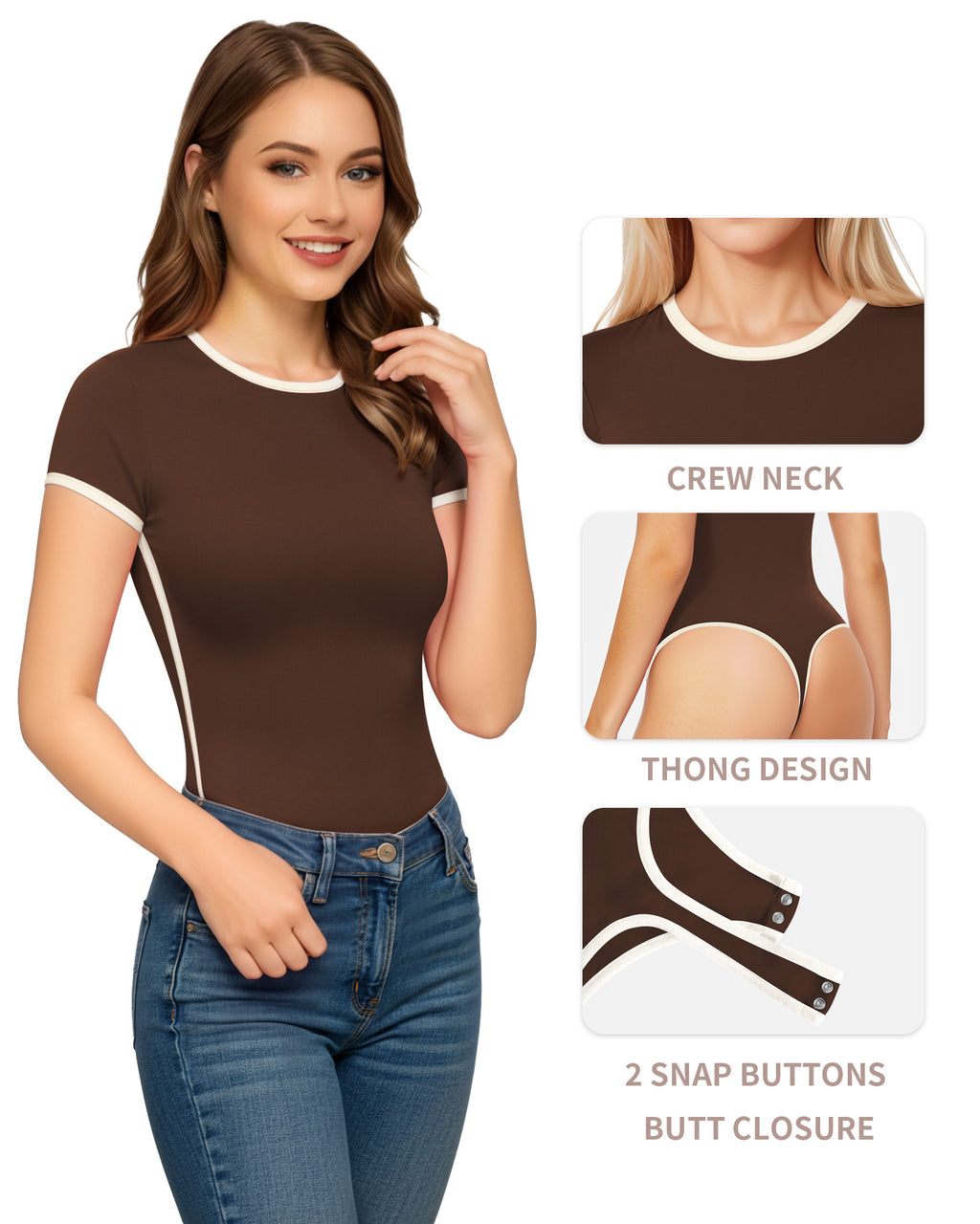 MANGOPOP Contrasting Crew Neck Short Sleeves Thong Bodysuit Brown