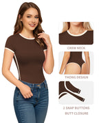 MANGOPOP Contrasting Crew Neck Short Sleeves Thong Bodysuit Brown