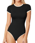 MANGOPOP Contrasting Crew Neck Short Sleeves Thong Bodysuit Black