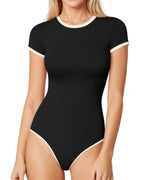 MANGOPOP Contrasting Crew Neck Short Sleeves Thong Bodysuit Black