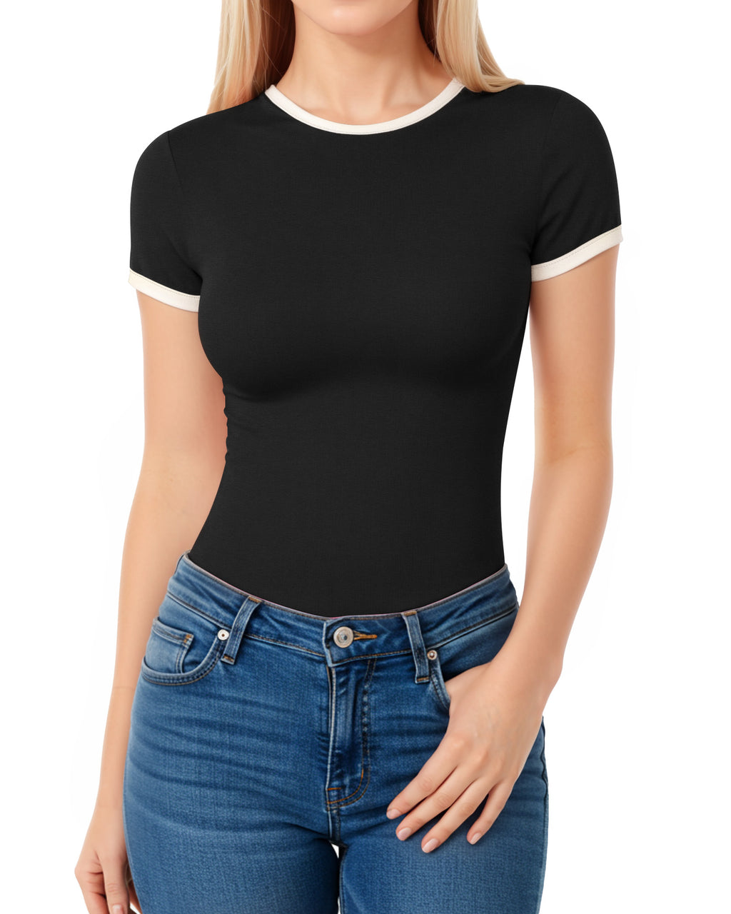 MANGOPOP Contrasting Crew Neck Short Sleeves Thong Bodysuit Black