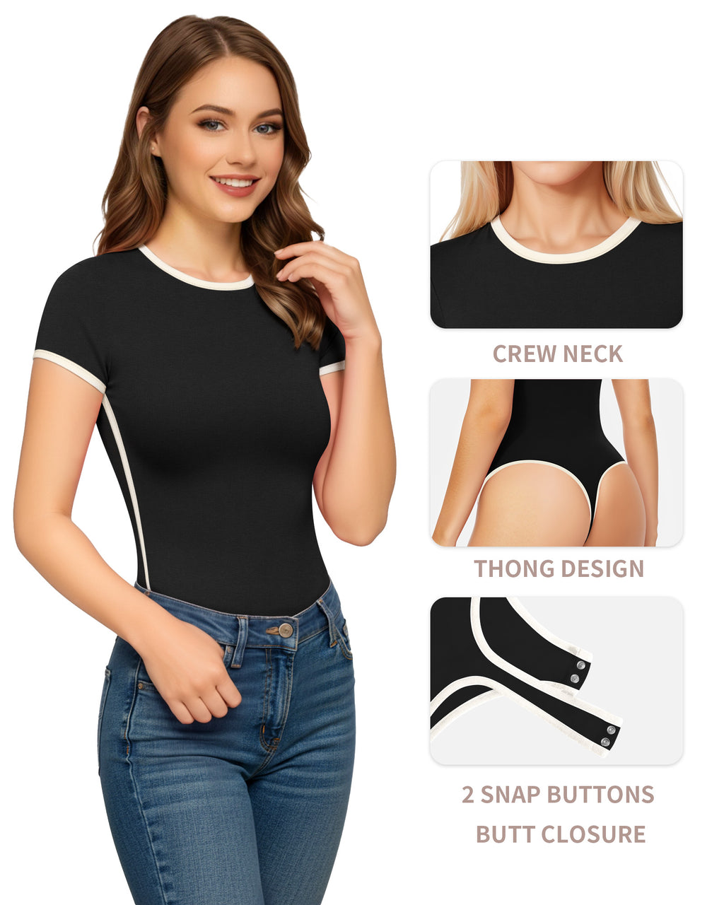 MANGOPOP Contrasting Crew Neck Short Sleeves Thong Bodysuit Black