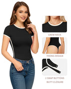 MANGOPOP Contrasting Crew Neck Short Sleeves Thong Bodysuit Black