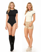 MANGOPOP Contrasting Crew Neck Short Sleeves Thong Bodysuit Black