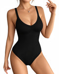 MANGOPOP V-Neck Racerback Spaghetti-Strap Bodysuit Black