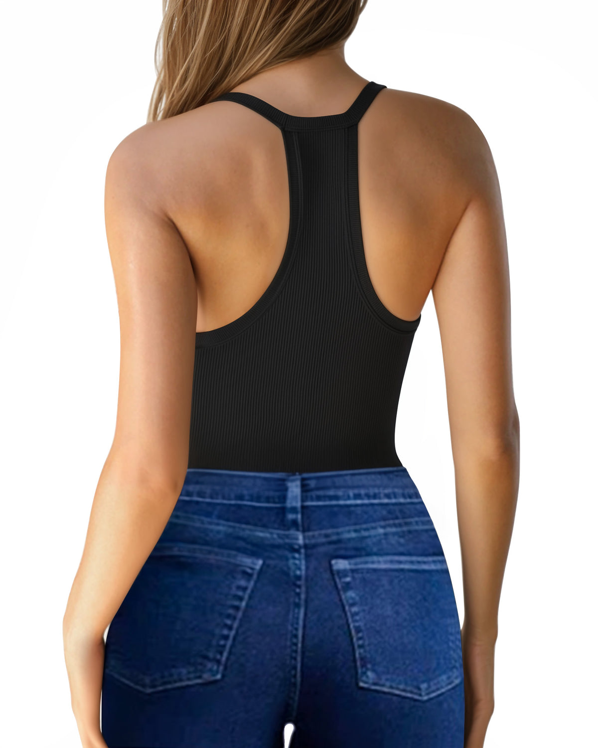 MANGOPOP V-Neck Racerback Spaghetti-Strap Bodysuit Black