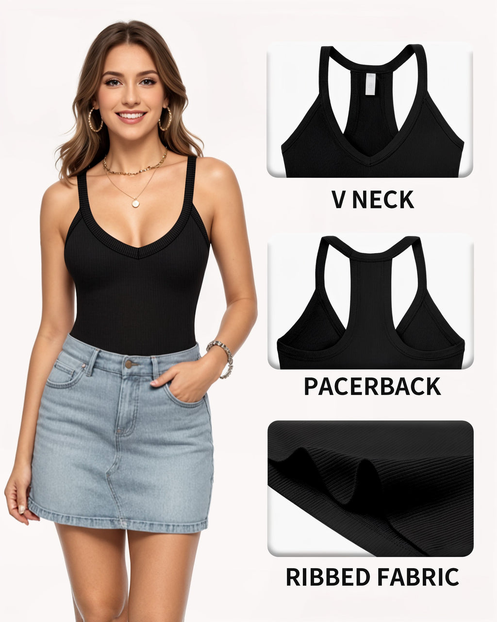 MANGOPOP V-Neck Racerback Spaghetti-Strap Bodysuit Black
