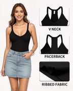 MANGOPOP V-Neck Racerback Spaghetti-Strap Bodysuit Black