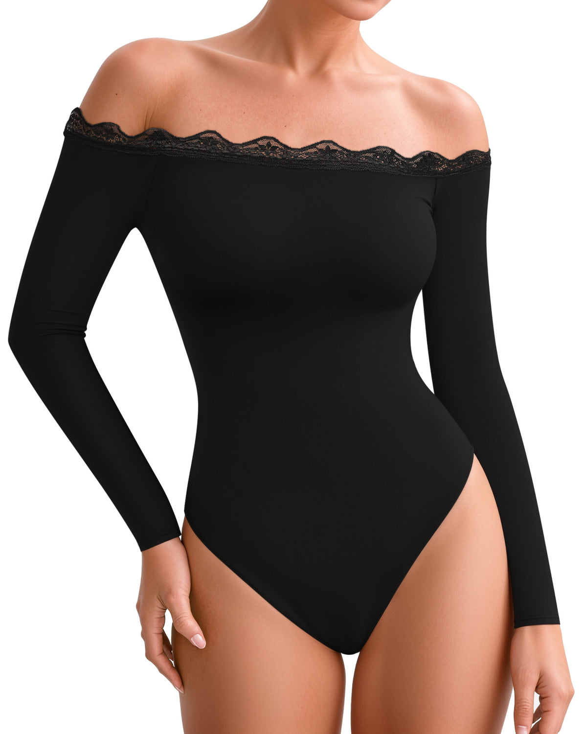 MANGOPOP Off-Shoulder Long-Sleeve Lace Bodysuit Black