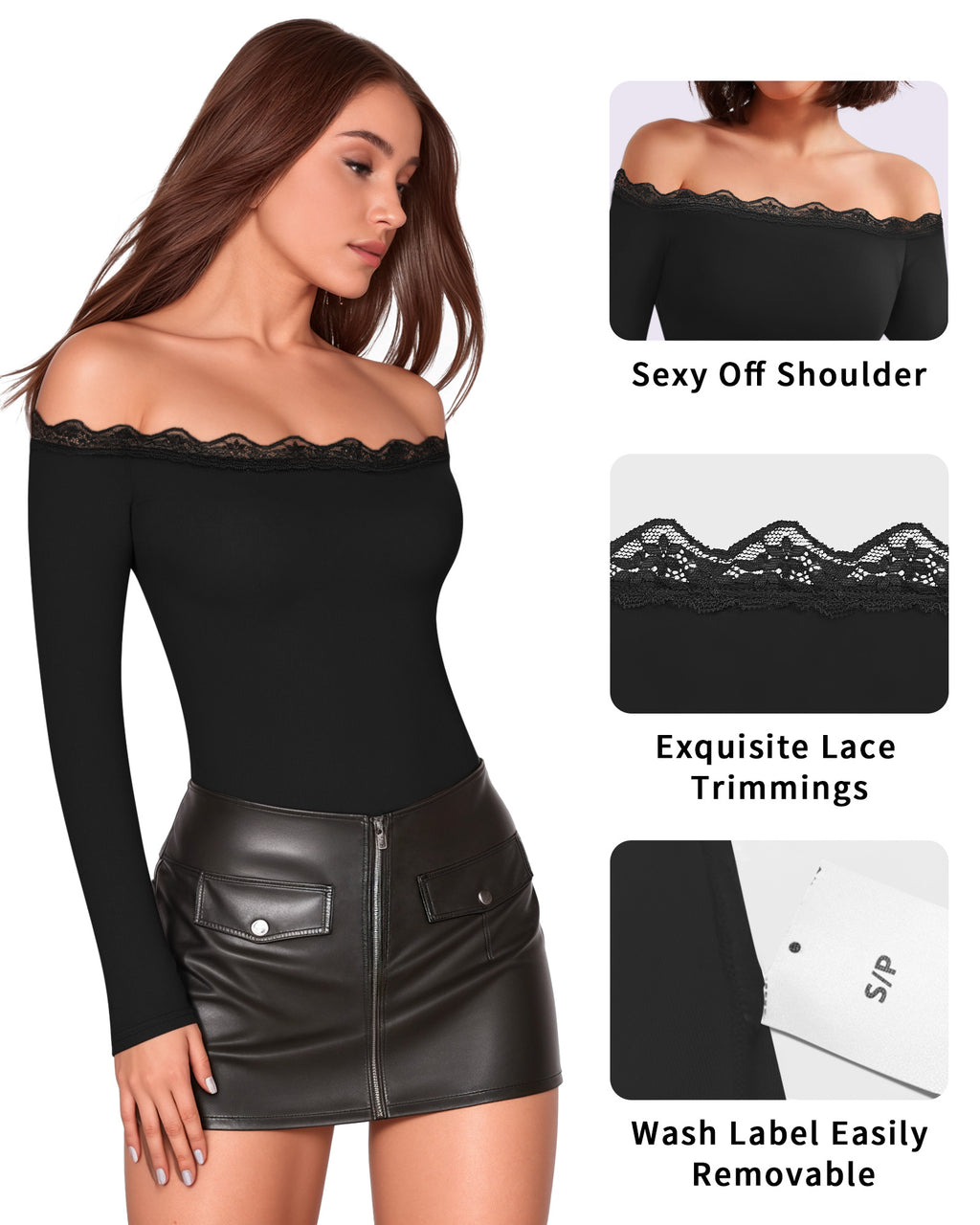 MANGOPOP Off-Shoulder Long-Sleeve Lace Bodysuit Black