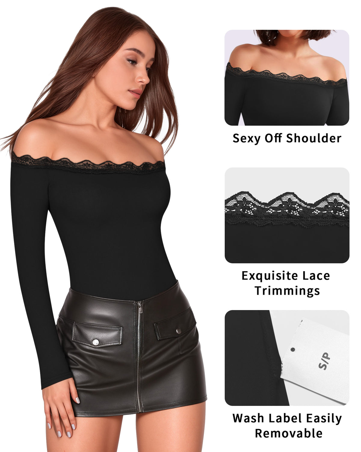 MANGOPOP Off-Shoulder Long-Sleeve Lace Bodysuit Black