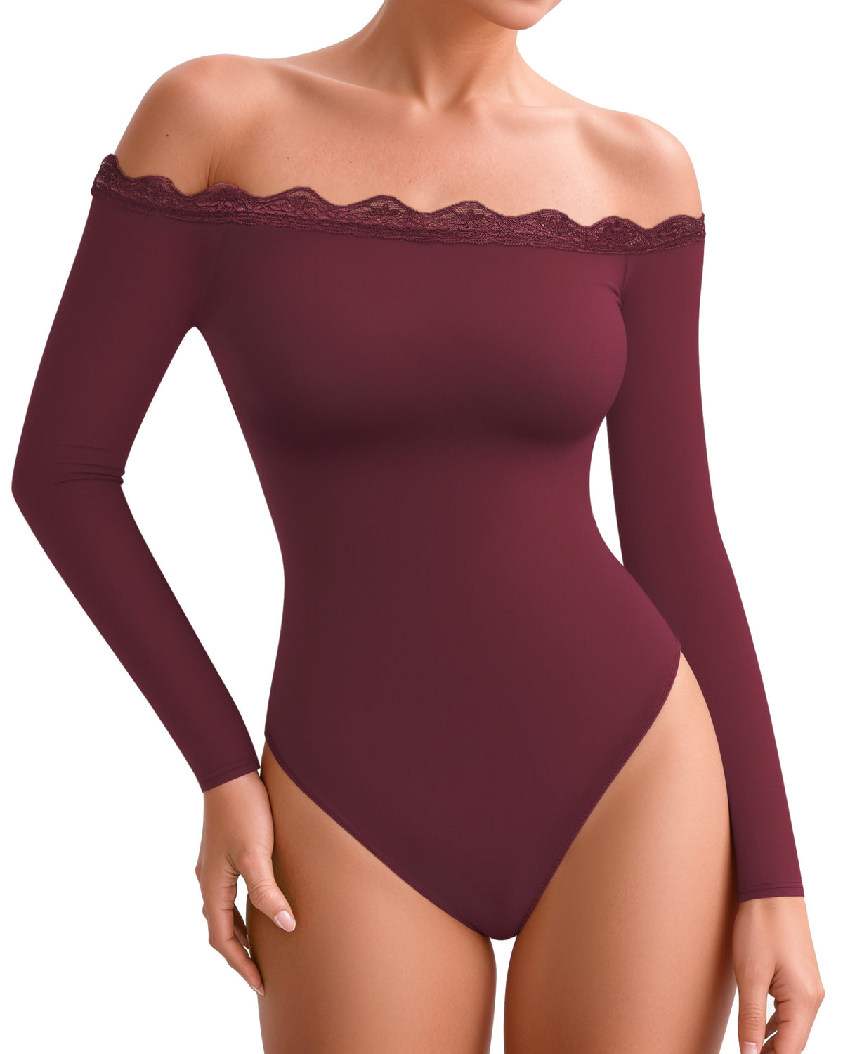 MANGOPOP Off-Shoulder Long-Sleeve Lace Bodysuit Burgundy