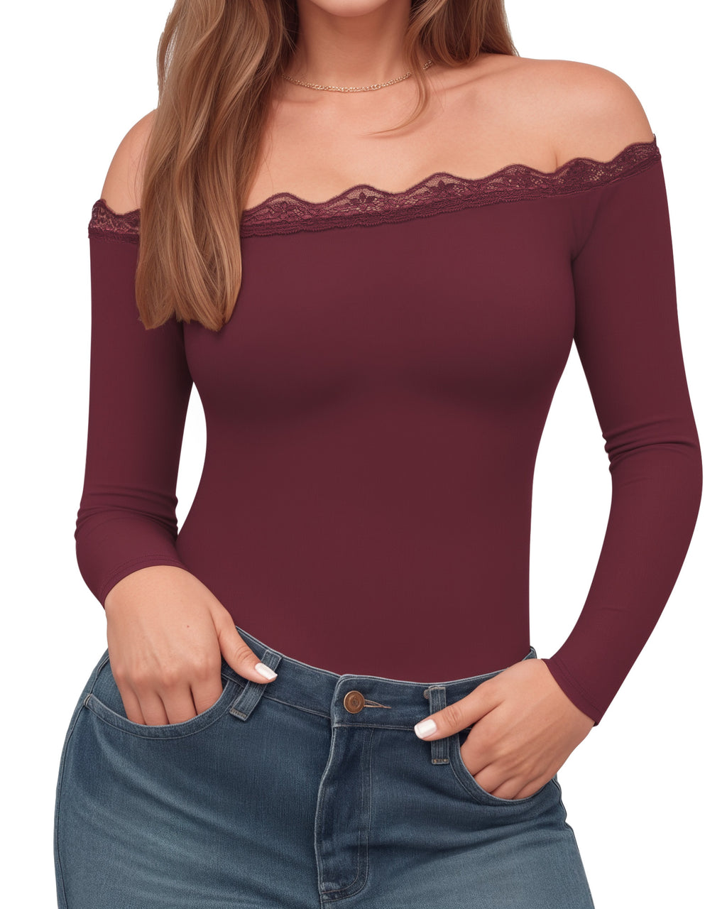 MANGOPOP Off-Shoulder Long-Sleeve Lace Bodysuit Burgundy