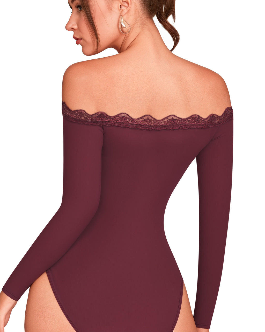 MANGOPOP Off-Shoulder Long-Sleeve Lace Bodysuit Burgundy