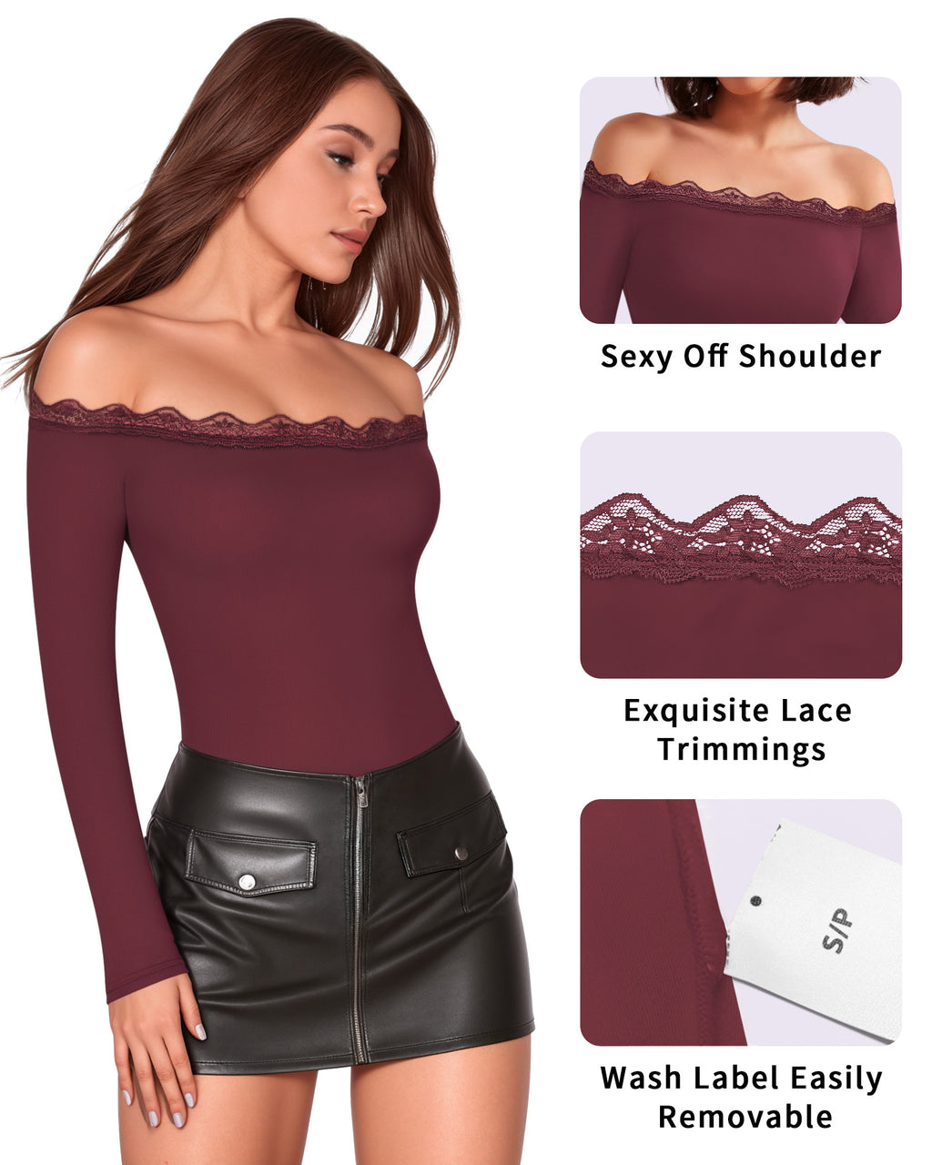 MANGOPOP Off-Shoulder Long-Sleeve Lace Bodysuit Burgundy