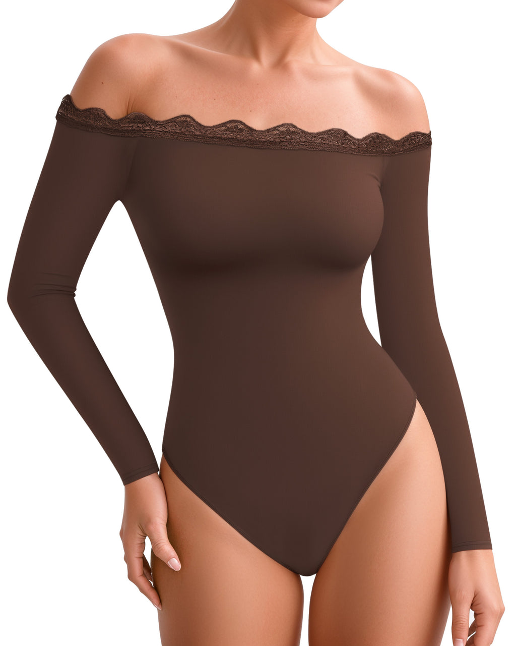 MANGOPOP Off-Shoulder Long-Sleeve Lace Bodysuit Coffee