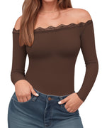 MANGOPOP Off-Shoulder Long-Sleeve Lace Bodysuit Coffee