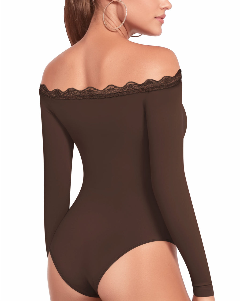 MANGOPOP Off-Shoulder Long-Sleeve Lace Bodysuit Coffee