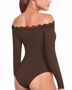 MANGOPOP Off-Shoulder Long-Sleeve Lace Bodysuit Coffee