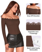 MANGOPOP Off-Shoulder Long-Sleeve Lace Bodysuit Coffee