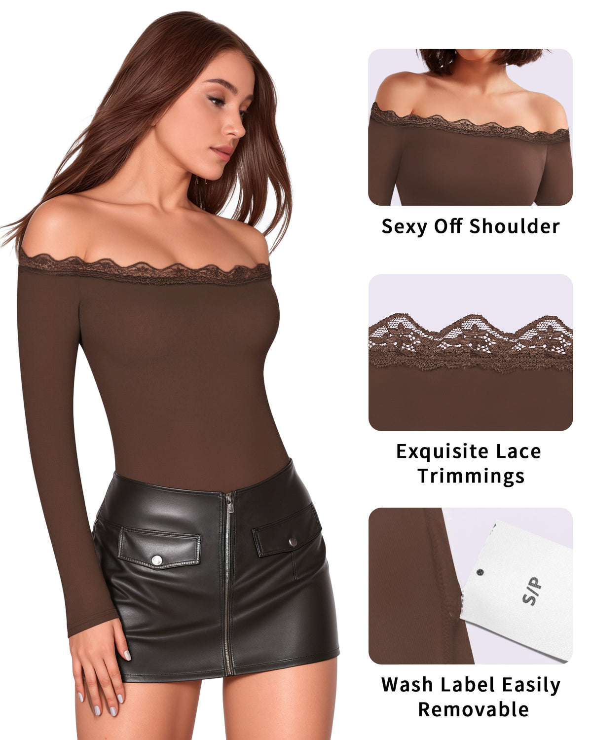 MANGOPOP Off-Shoulder Long-Sleeve Lace Bodysuit Coffee