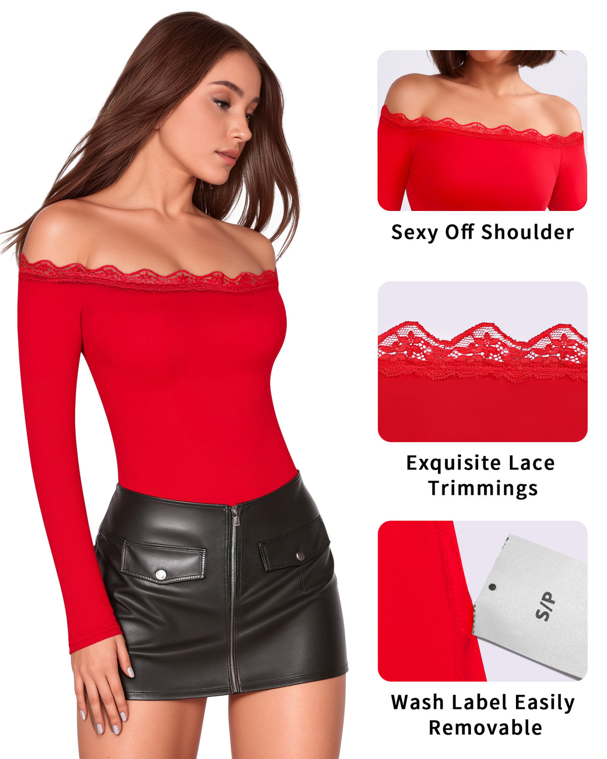 MANGOPOP Off-Shoulder Long-Sleeve Lace Bodysuit Red