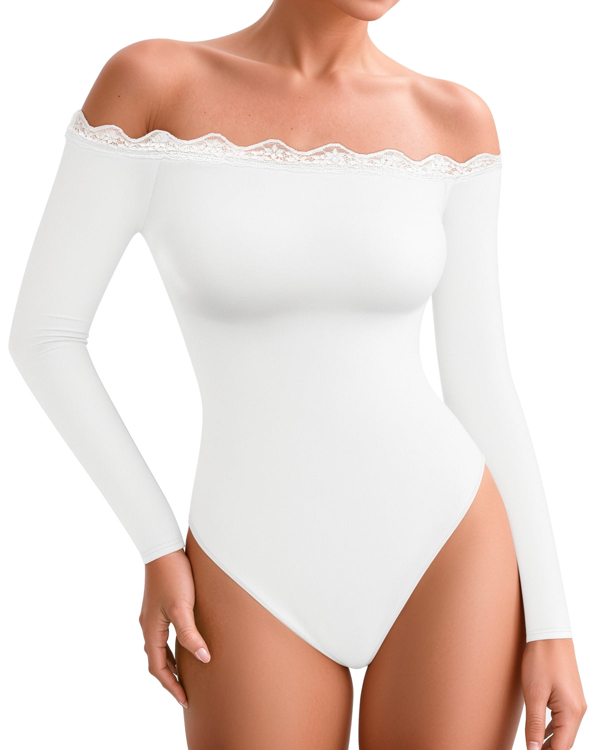 MANGOPOP Off-Shoulder Long-Sleeve Lace Bodysuit White