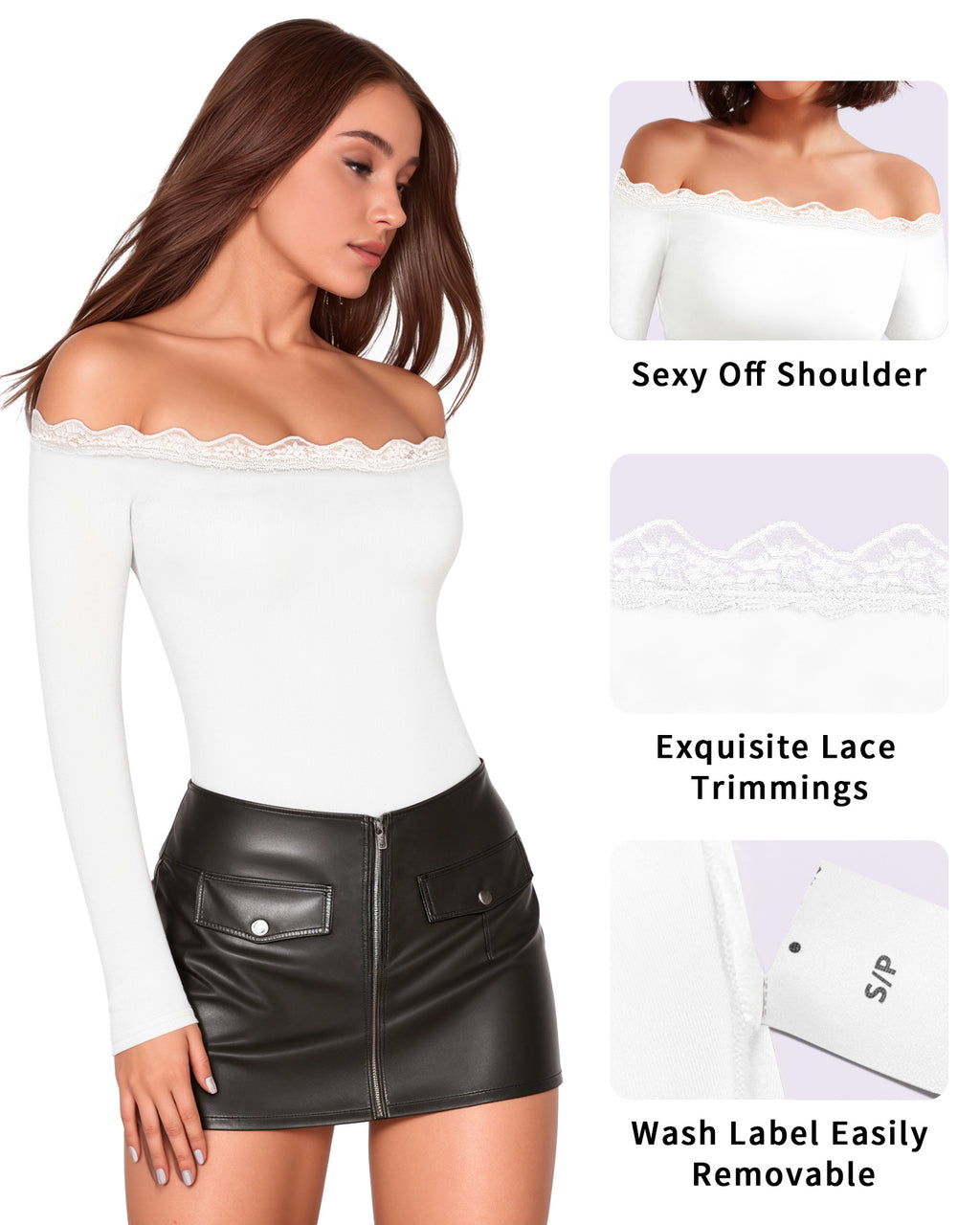 MANGOPOP Off-Shoulder Long-Sleeve Lace Bodysuit White