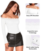 MANGOPOP Off-Shoulder Long-Sleeve Lace Bodysuit White