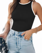 MANGOPOP Tank Contrast Racerback Halter Bodysuit Black