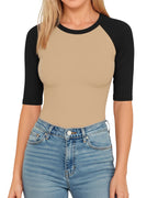 MANGOPOP Half-Sleeve Crew Neck & Raglan Bodysuit Black Apricot Raglan