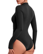 MANGOPOP Mock Neck Ruched Long-Sleeve Bodysuit Black