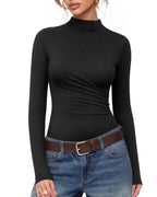 MANGOPOP Mock Neck Ruched Long-Sleeve Bodysuit Black