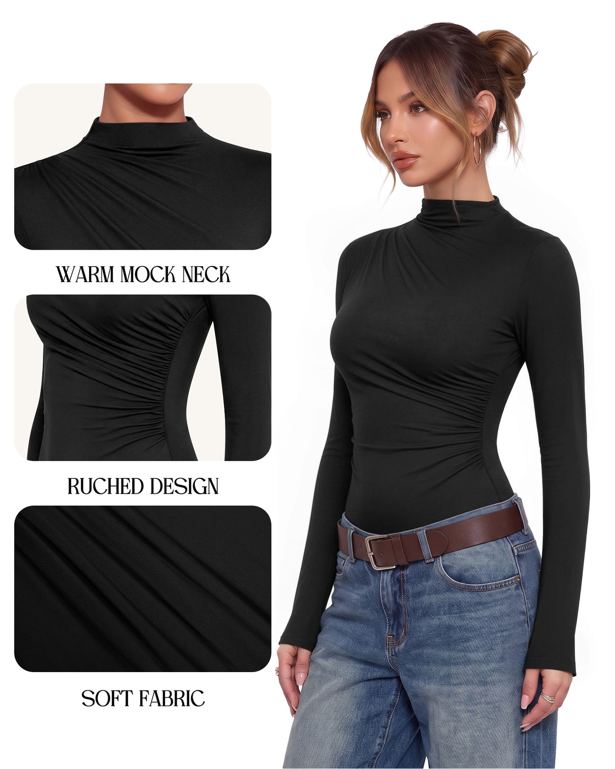 MANGOPOP Mock Neck Ruched Long-Sleeve Bodysuit Black