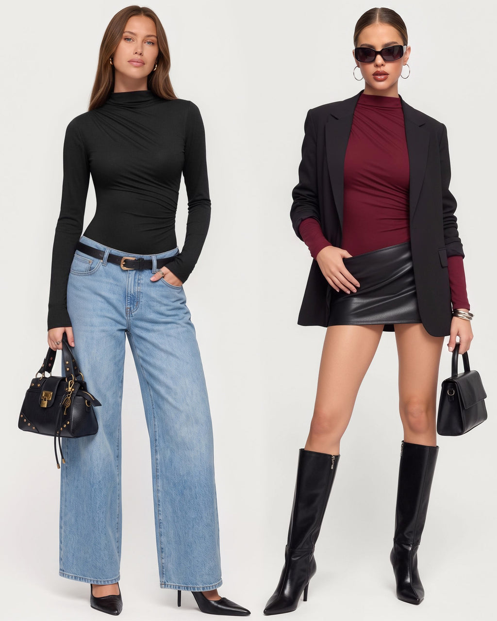 MANGOPOP Mock Neck Ruched Long-Sleeve Bodysuit Black