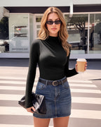MANGOPOP Mock Neck Ruched Long-Sleeve Bodysuit Black