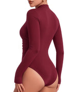 MANGOPOP Mock Neck Ruched Long-Sleeve Bodysuit Burgundy