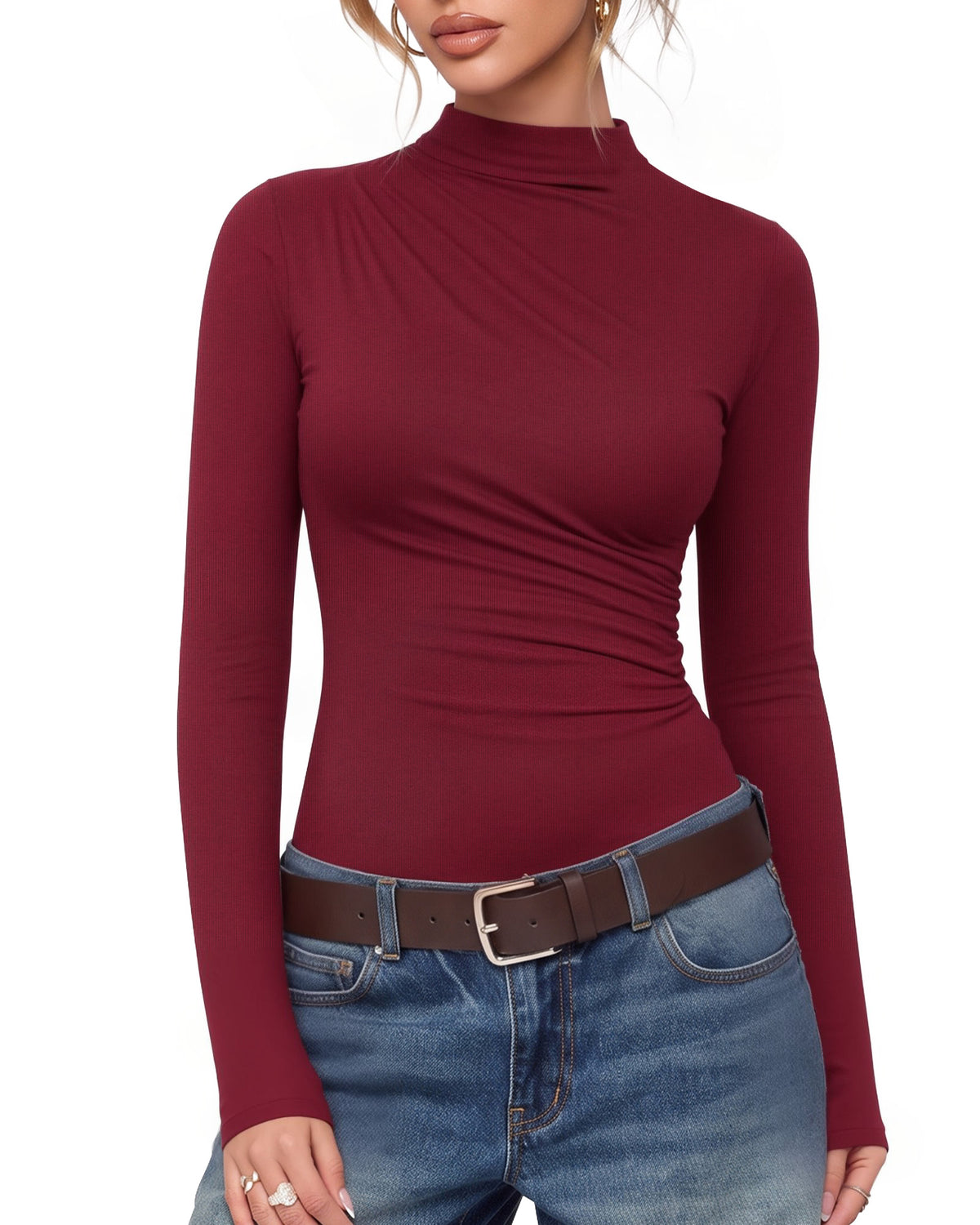 MANGOPOP Mock Neck Ruched Long-Sleeve Bodysuit Burgundy