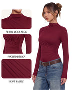 MANGOPOP Mock Neck Ruched Long-Sleeve Bodysuit Burgundy