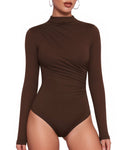 MANGOPOP Mock Neck Ruched Long-Sleeve Bodysuit Coffee