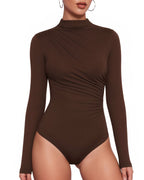 MANGOPOP Mock Neck Ruched Long-Sleeve Bodysuit Coffee